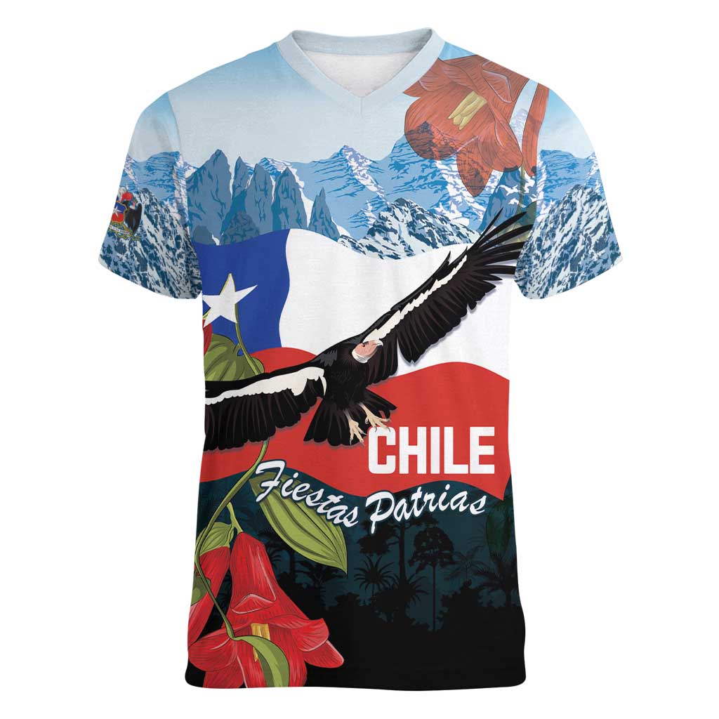 Chile Fiestas Patrias Women V-Neck T-Shirt Andean Condor Andes Mountains - Wonder Print Shop