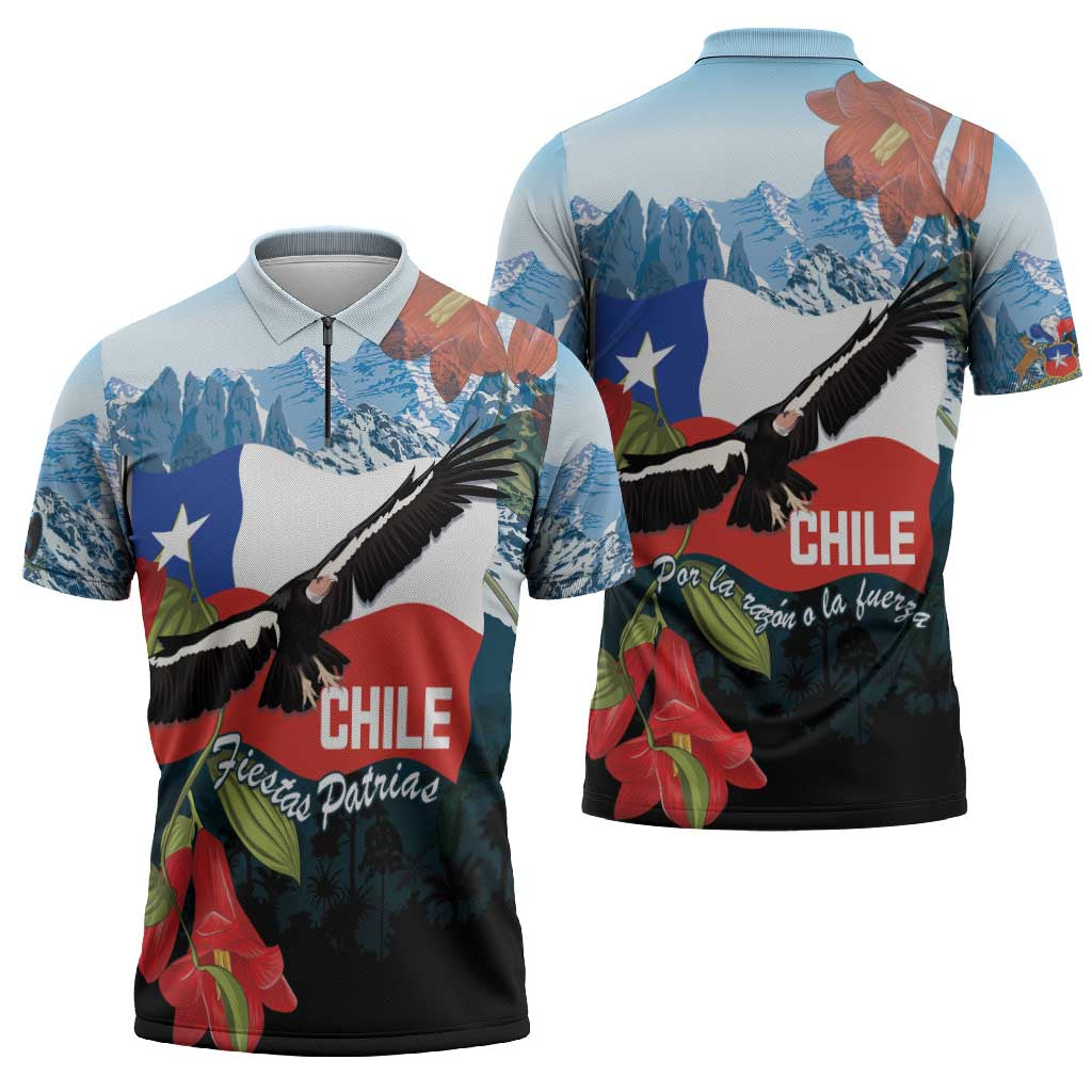Chile Fiestas Patrias Zipper Polo Shirt Andean Condor Andes Mountains - Wonder Print Shop