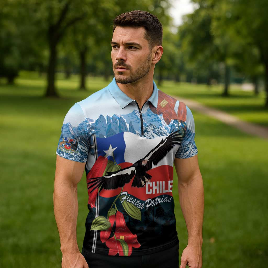 Chile Fiestas Patrias Zipper Polo Shirt Andean Condor Andes Mountains - Wonder Print Shop