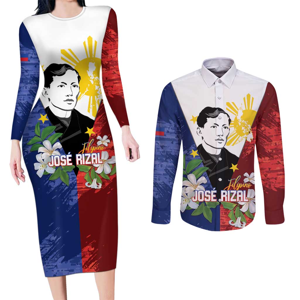 Philippines Rizal Day Couples Matching Long Sleeve Bodycon Dress and Long Sleeve Button Shirt Filipino Sampaguita Grunge Style - Wonder Print Shop