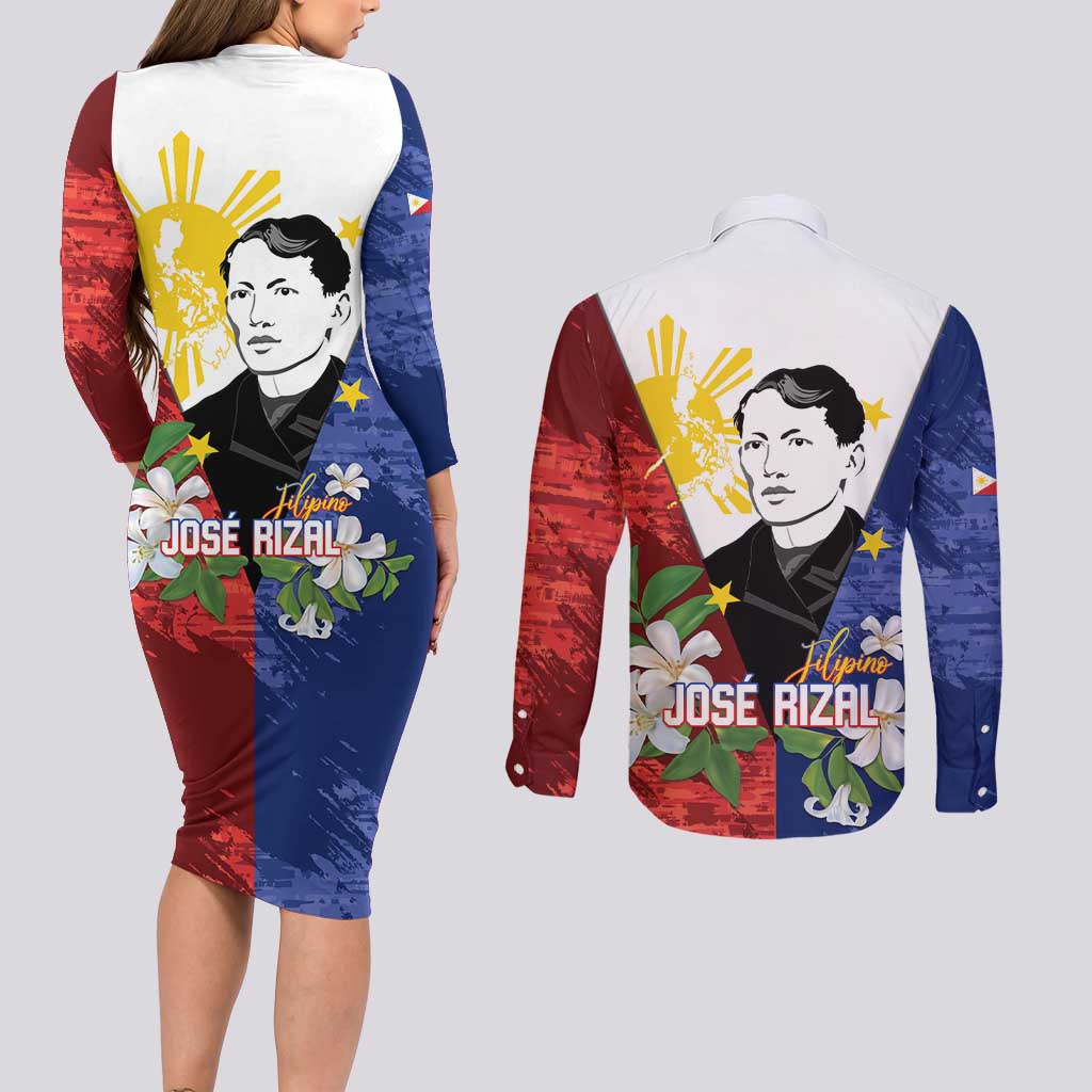 Philippines Rizal Day Couples Matching Long Sleeve Bodycon Dress and Long Sleeve Button Shirt Filipino Sampaguita Grunge Style - Wonder Print Shop