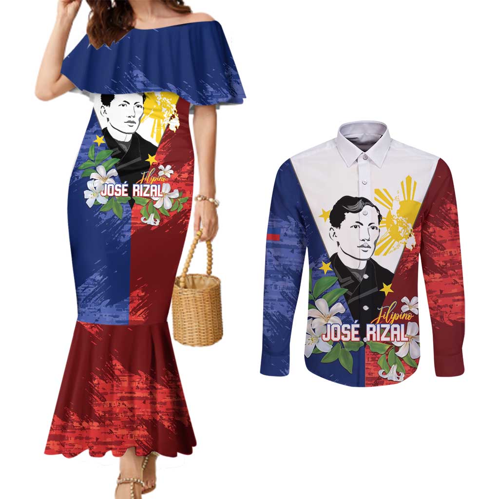 Philippines Rizal Day Couples Matching Mermaid Dress and Long Sleeve Button Shirt Filipino Sampaguita Grunge Style - Wonder Print Shop