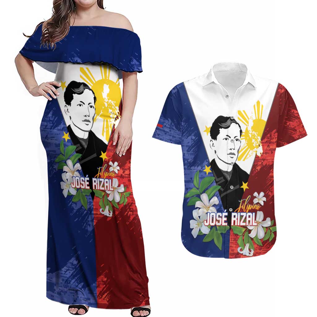Philippines Rizal Day Couples Matching Off Shoulder Maxi Dress and Hawaiian Shirt Filipino Sampaguita Grunge Style - Wonder Print Shop