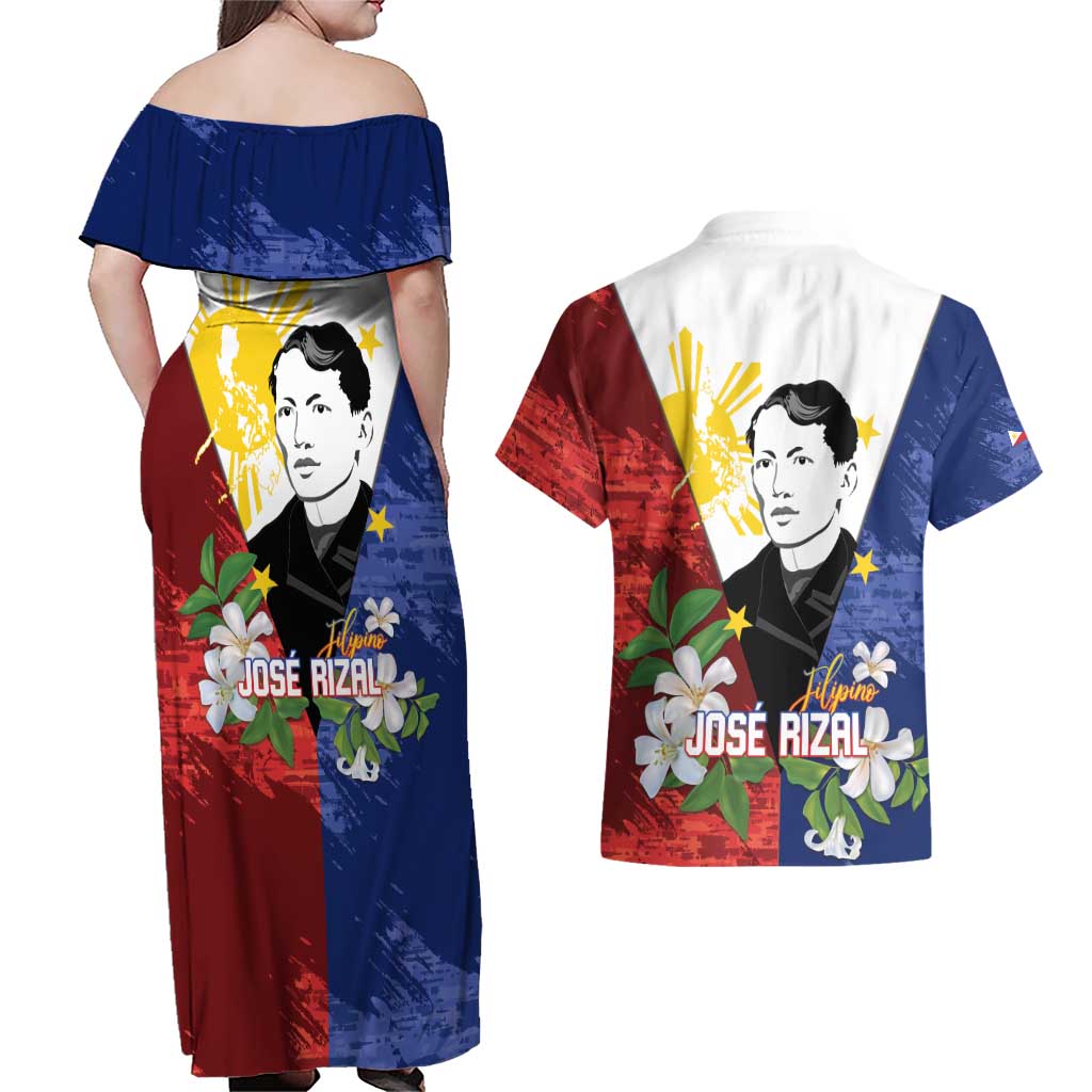Philippines Rizal Day Couples Matching Off Shoulder Maxi Dress and Hawaiian Shirt Filipino Sampaguita Grunge Style - Wonder Print Shop