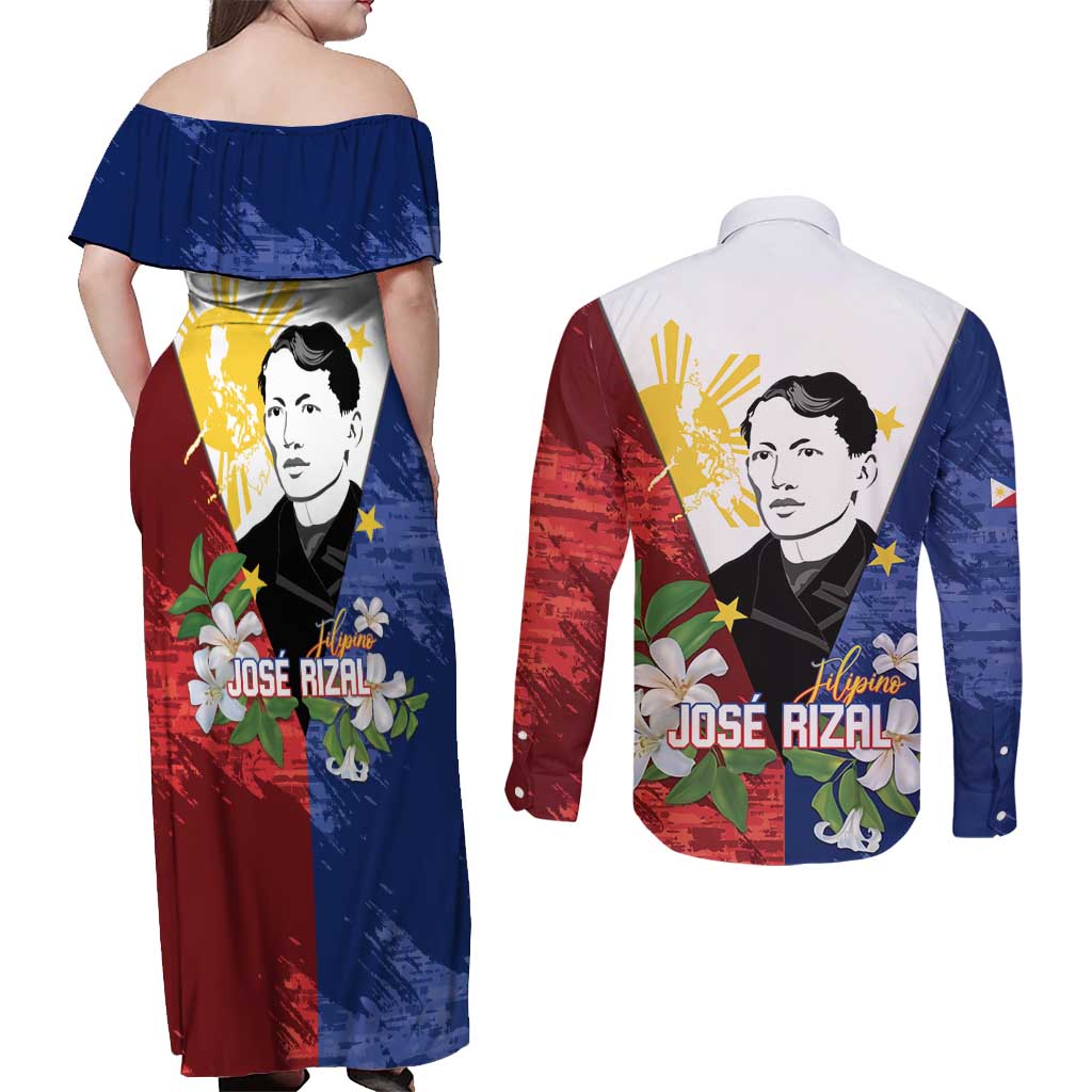 Philippines Rizal Day Couples Matching Off Shoulder Maxi Dress and Long Sleeve Button Shirt Filipino Sampaguita Grunge Style - Wonder Print Shop