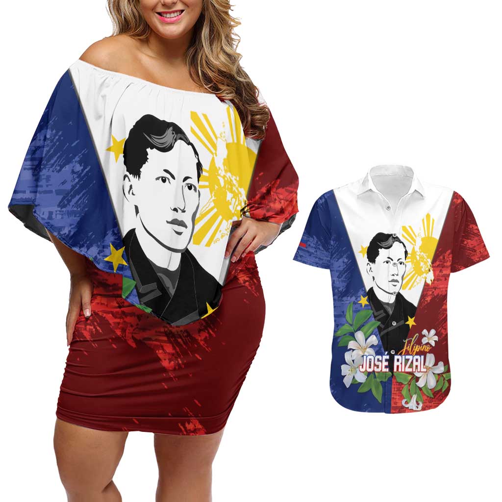 Philippines Rizal Day Couples Matching Off Shoulder Short Dress and Hawaiian Shirt Filipino Sampaguita Grunge Style - Wonder Print Shop