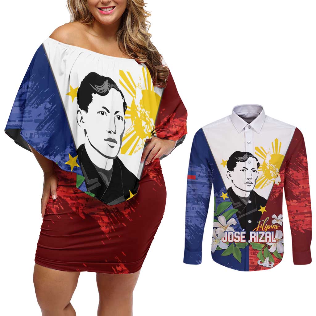 Philippines Rizal Day Couples Matching Off Shoulder Short Dress and Long Sleeve Button Shirt Filipino Sampaguita Grunge Style - Wonder Print Shop