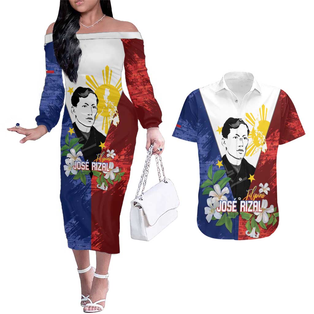 Philippines Rizal Day Couples Matching Off The Shoulder Long Sleeve Dress and Hawaiian Shirt Filipino Sampaguita Grunge Style - Wonder Print Shop