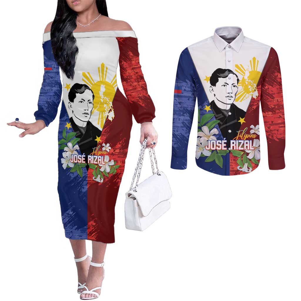 Philippines Rizal Day Couples Matching Off The Shoulder Long Sleeve Dress and Long Sleeve Button Shirt Filipino Sampaguita Grunge Style - Wonder Print Shop