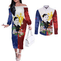 Philippines Rizal Day Couples Matching Off The Shoulder Long Sleeve Dress and Long Sleeve Button Shirt Filipino Sampaguita Grunge Style - Wonder Print Shop