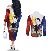 Philippines Rizal Day Couples Matching Off The Shoulder Long Sleeve Dress and Long Sleeve Button Shirt Filipino Sampaguita Grunge Style - Wonder Print Shop