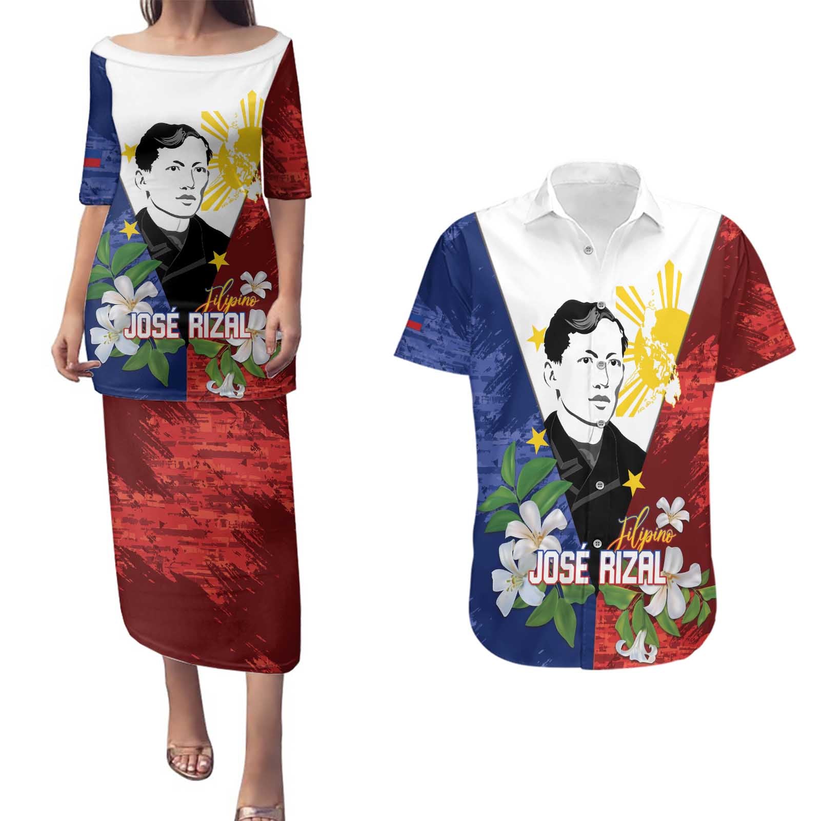 Philippines Rizal Day Couples Matching Puletasi and Hawaiian Shirt Filipino Sampaguita Grunge Style - Wonder Print Shop