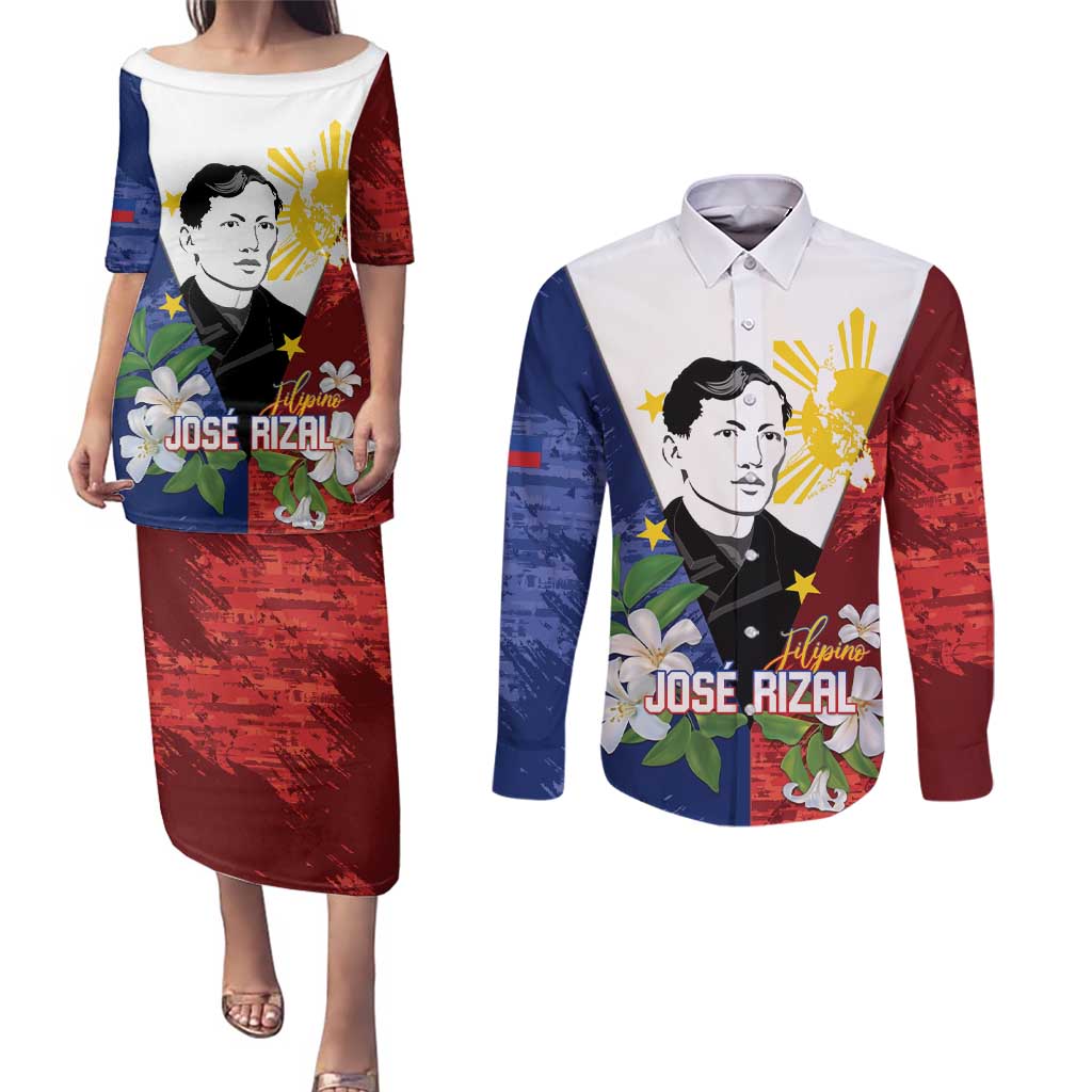 Philippines Rizal Day Couples Matching Puletasi and Long Sleeve Button Shirt Filipino Sampaguita Grunge Style - Wonder Print Shop