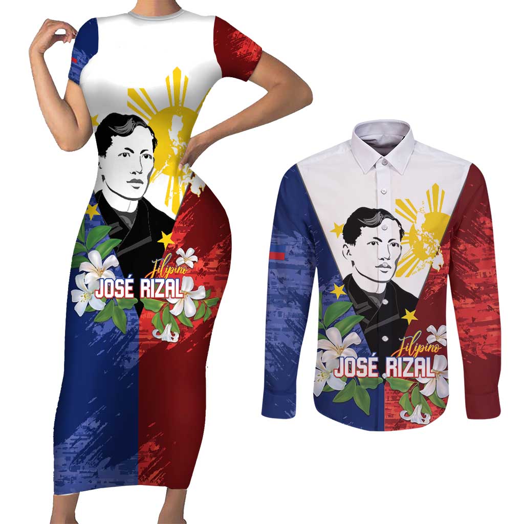 Philippines Rizal Day Couples Matching Short Sleeve Bodycon Dress and Long Sleeve Button Shirt Filipino Sampaguita Grunge Style - Wonder Print Shop