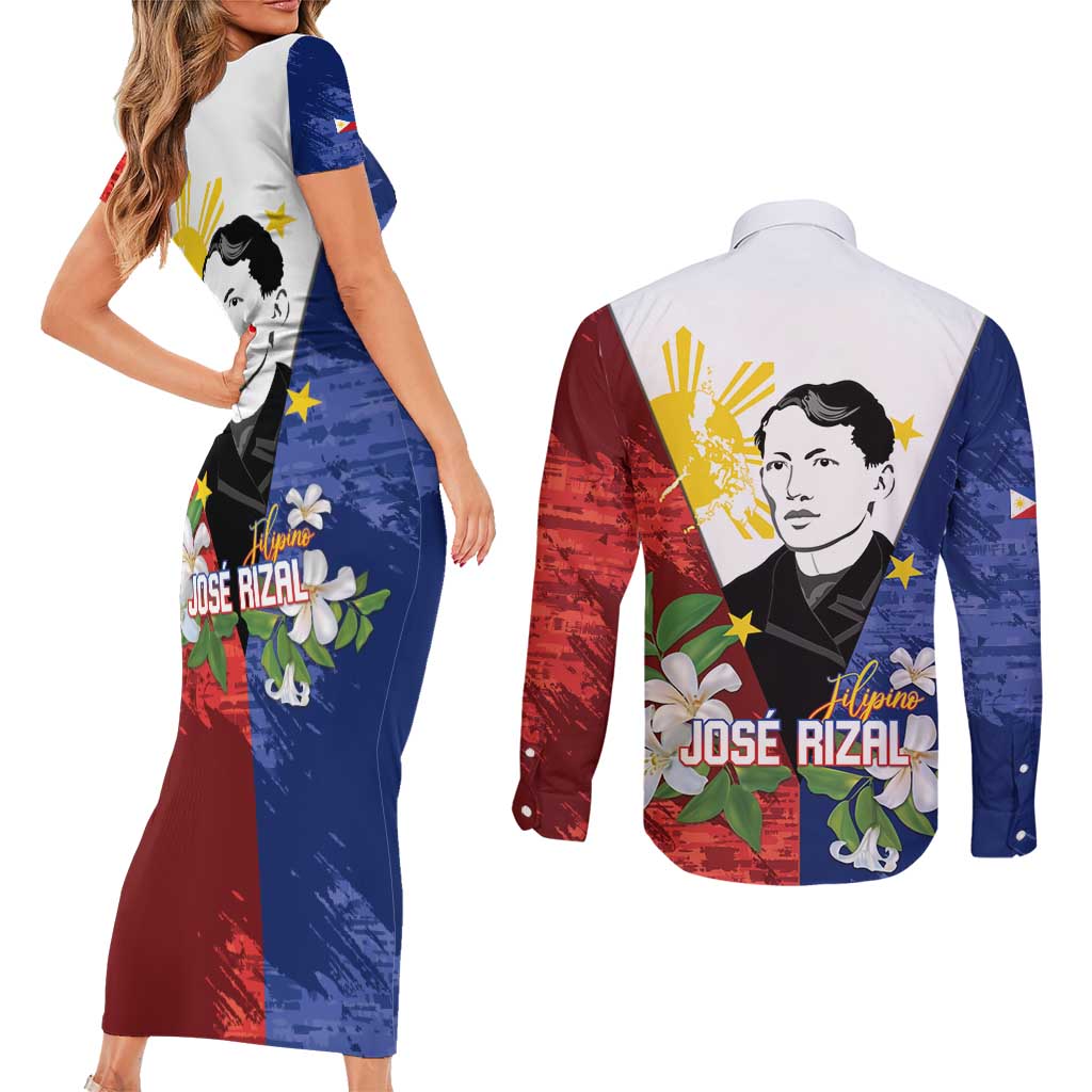 Philippines Rizal Day Couples Matching Short Sleeve Bodycon Dress and Long Sleeve Button Shirt Filipino Sampaguita Grunge Style - Wonder Print Shop