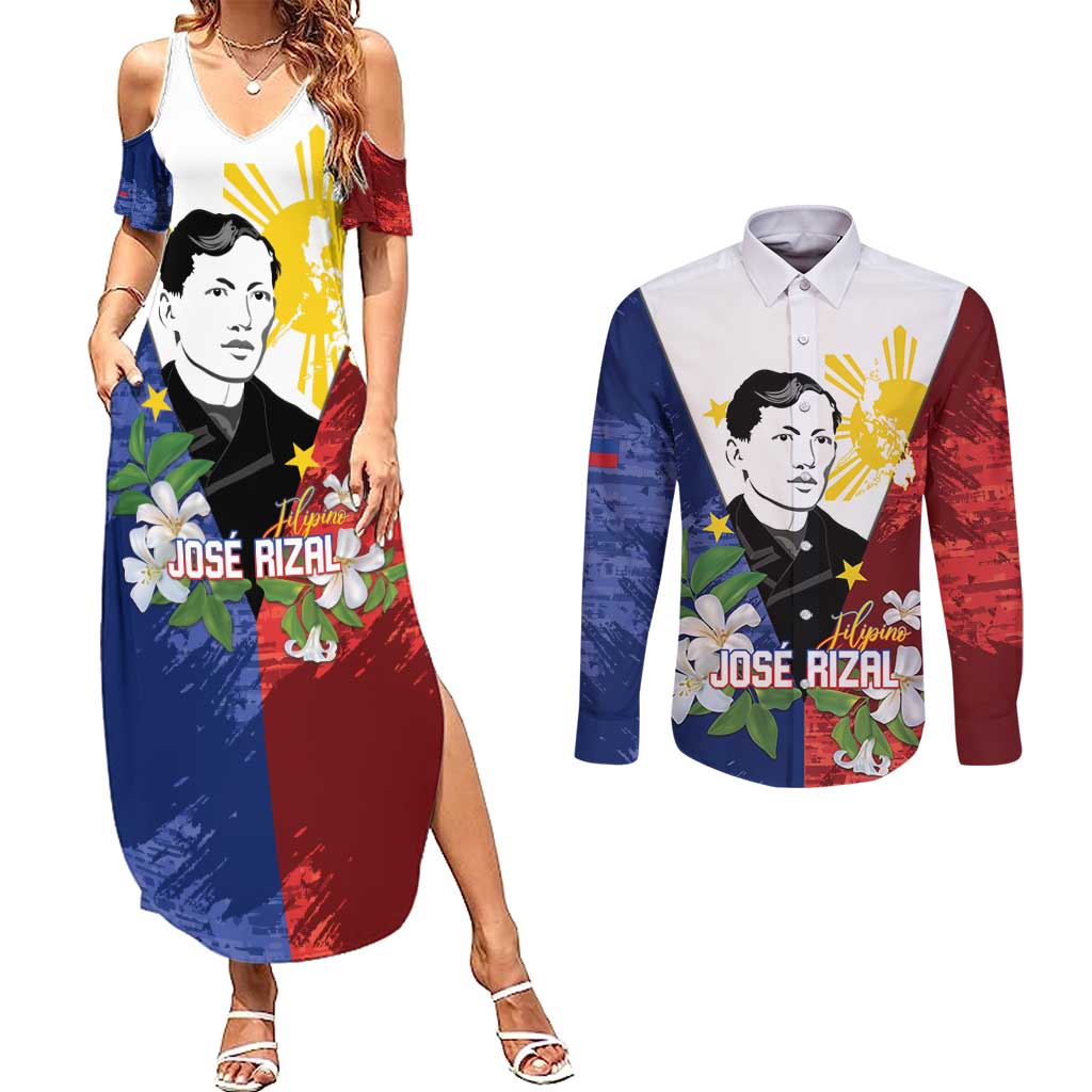 Philippines Rizal Day Couples Matching Summer Maxi Dress and Long Sleeve Button Shirt Filipino Sampaguita Grunge Style - Wonder Print Shop