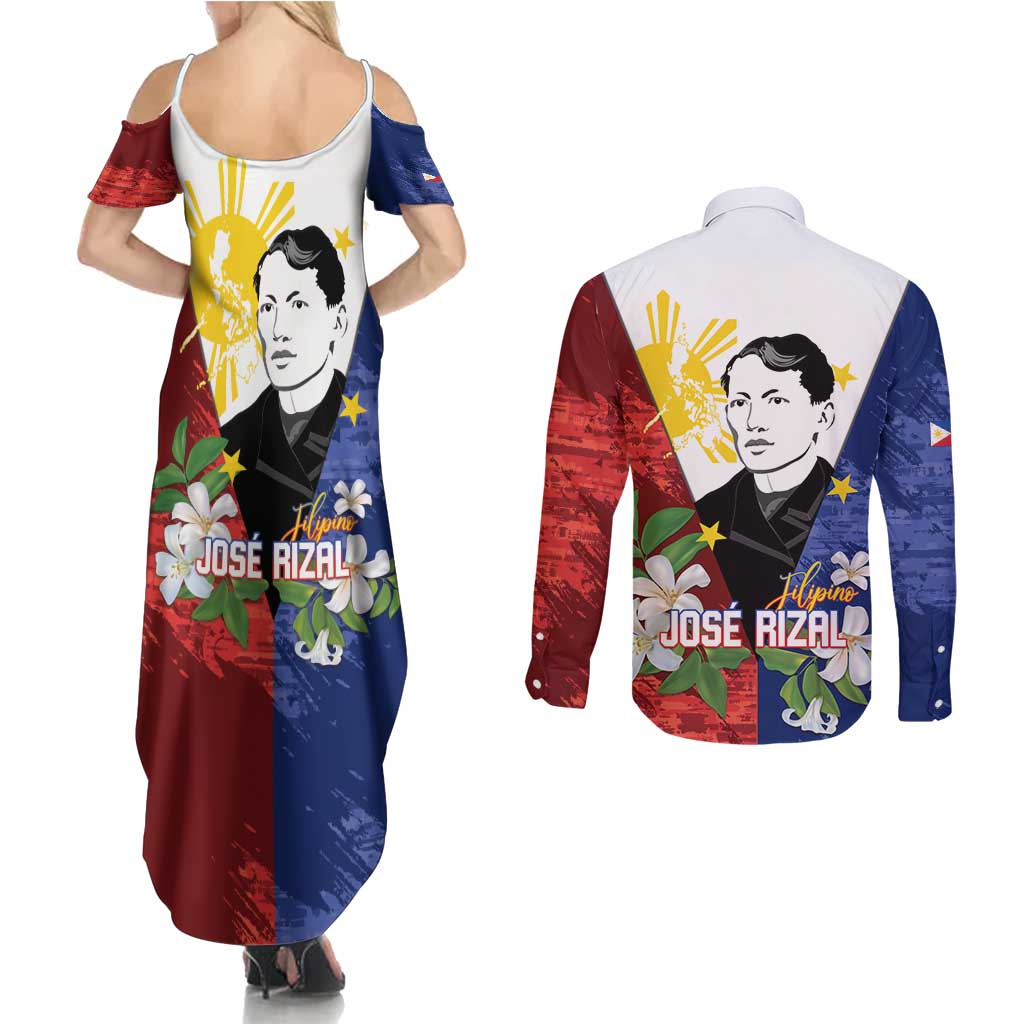 Philippines Rizal Day Couples Matching Summer Maxi Dress and Long Sleeve Button Shirt Filipino Sampaguita Grunge Style - Wonder Print Shop