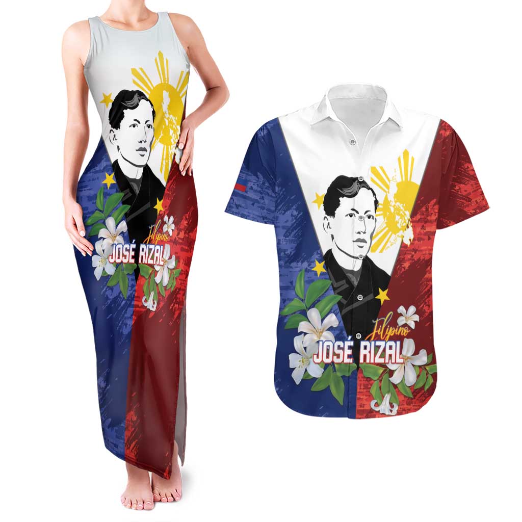 Philippines Rizal Day Couples Matching Tank Maxi Dress and Hawaiian Shirt Filipino Sampaguita Grunge Style - Wonder Print Shop