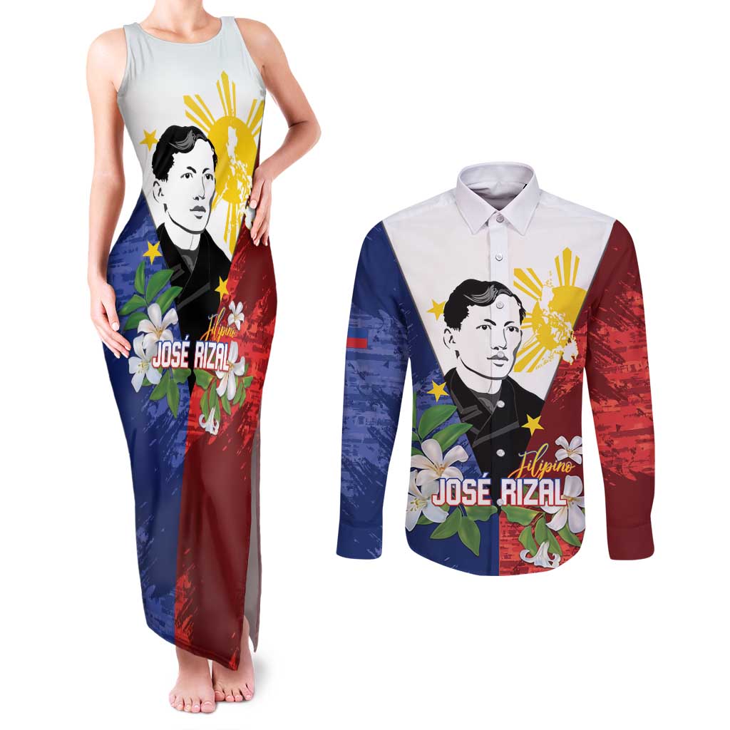 Philippines Rizal Day Couples Matching Tank Maxi Dress and Long Sleeve Button Shirt Filipino Sampaguita Grunge Style - Wonder Print Shop