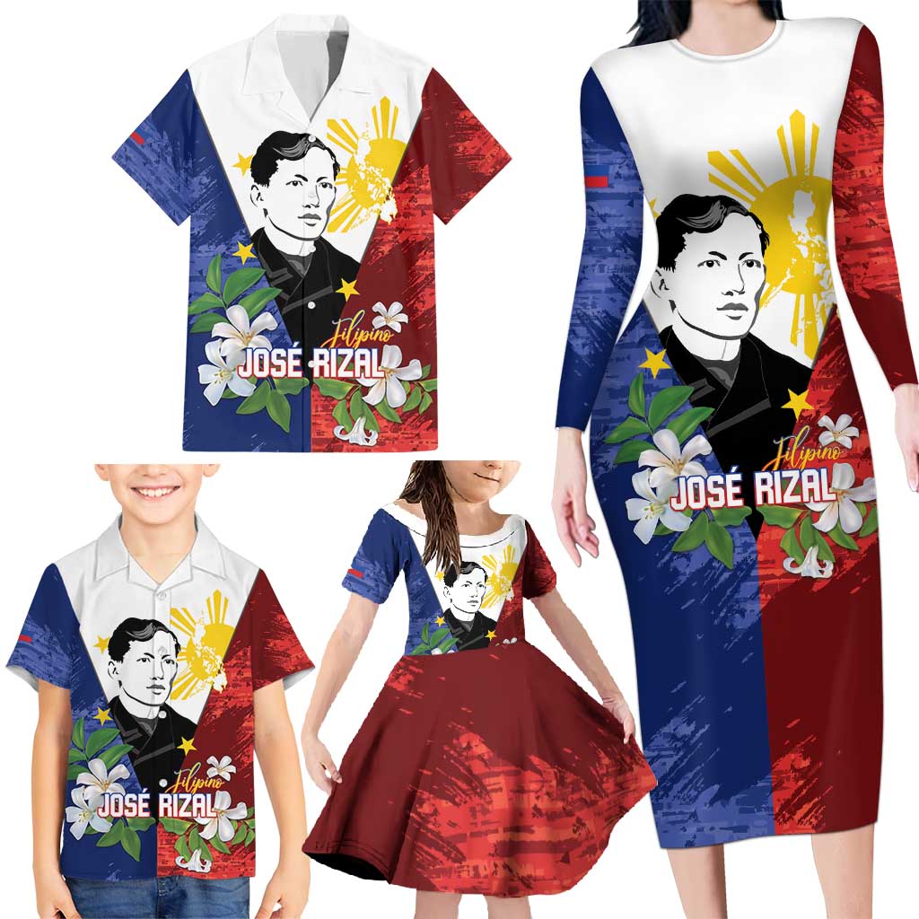 Philippines Rizal Day Family Matching Long Sleeve Bodycon Dress and Hawaiian Shirt Filipino Sampaguita Grunge Style - Wonder Print Shop
