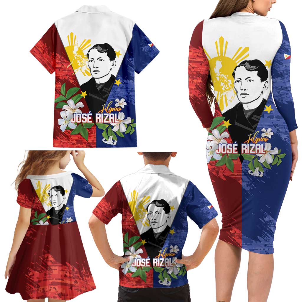 Philippines Rizal Day Family Matching Long Sleeve Bodycon Dress and Hawaiian Shirt Filipino Sampaguita Grunge Style - Wonder Print Shop