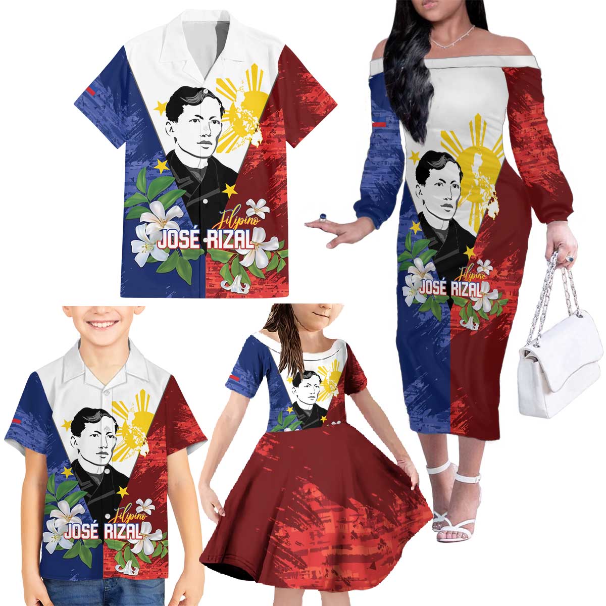 Philippines Rizal Day Family Matching Off The Shoulder Long Sleeve Dress and Hawaiian Shirt Filipino Sampaguita Grunge Style - Wonder Print Shop