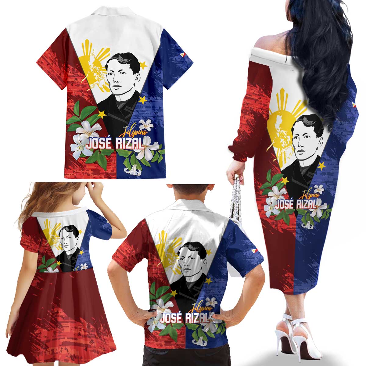 Philippines Rizal Day Family Matching Off The Shoulder Long Sleeve Dress and Hawaiian Shirt Filipino Sampaguita Grunge Style - Wonder Print Shop