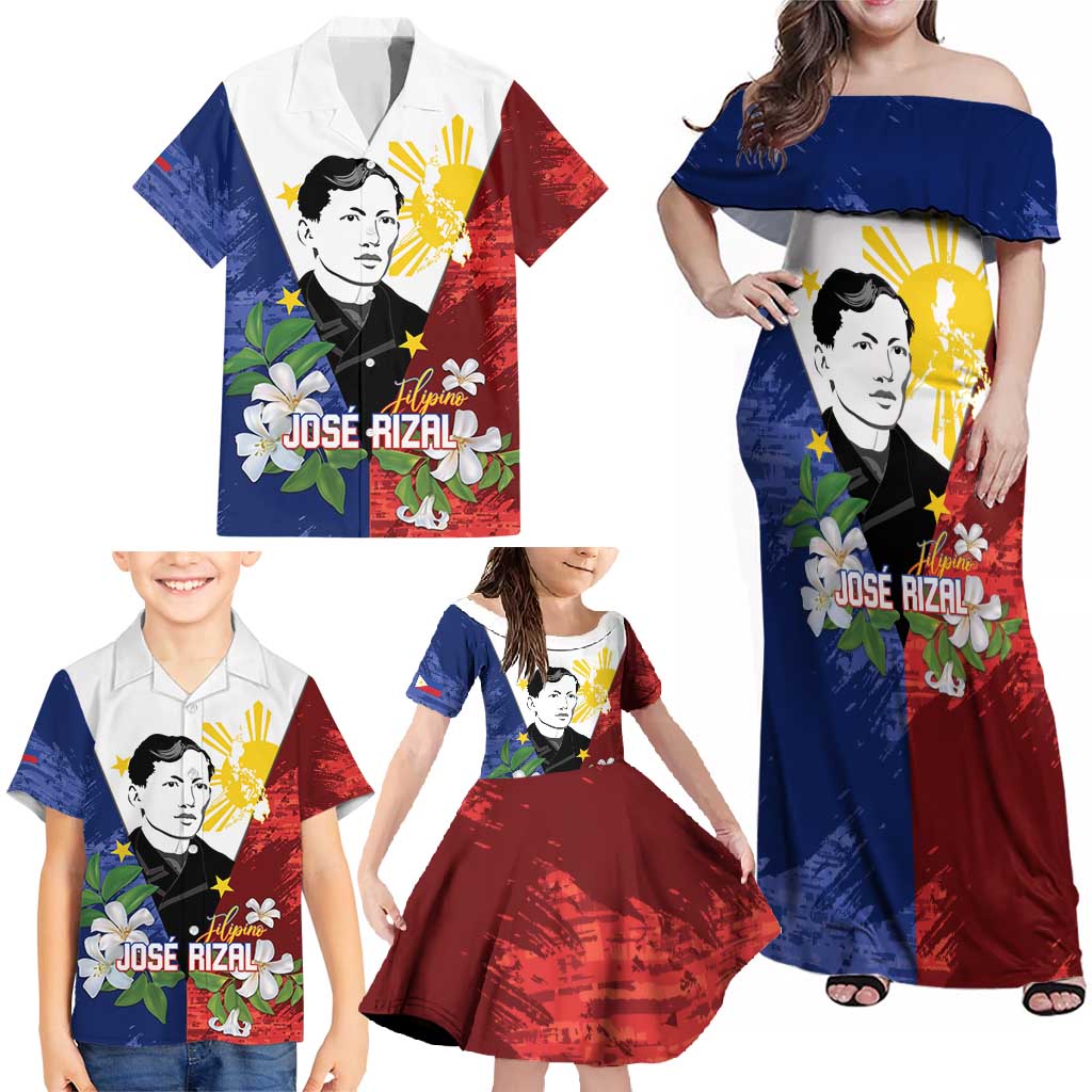 Philippines Rizal Day Family Matching Off Shoulder Maxi Dress and Hawaiian Shirt Filipino Sampaguita Grunge Style - Wonder Print Shop