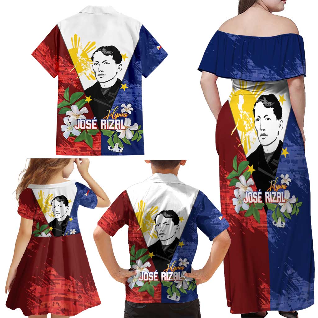 Philippines Rizal Day Family Matching Off Shoulder Maxi Dress and Hawaiian Shirt Filipino Sampaguita Grunge Style - Wonder Print Shop