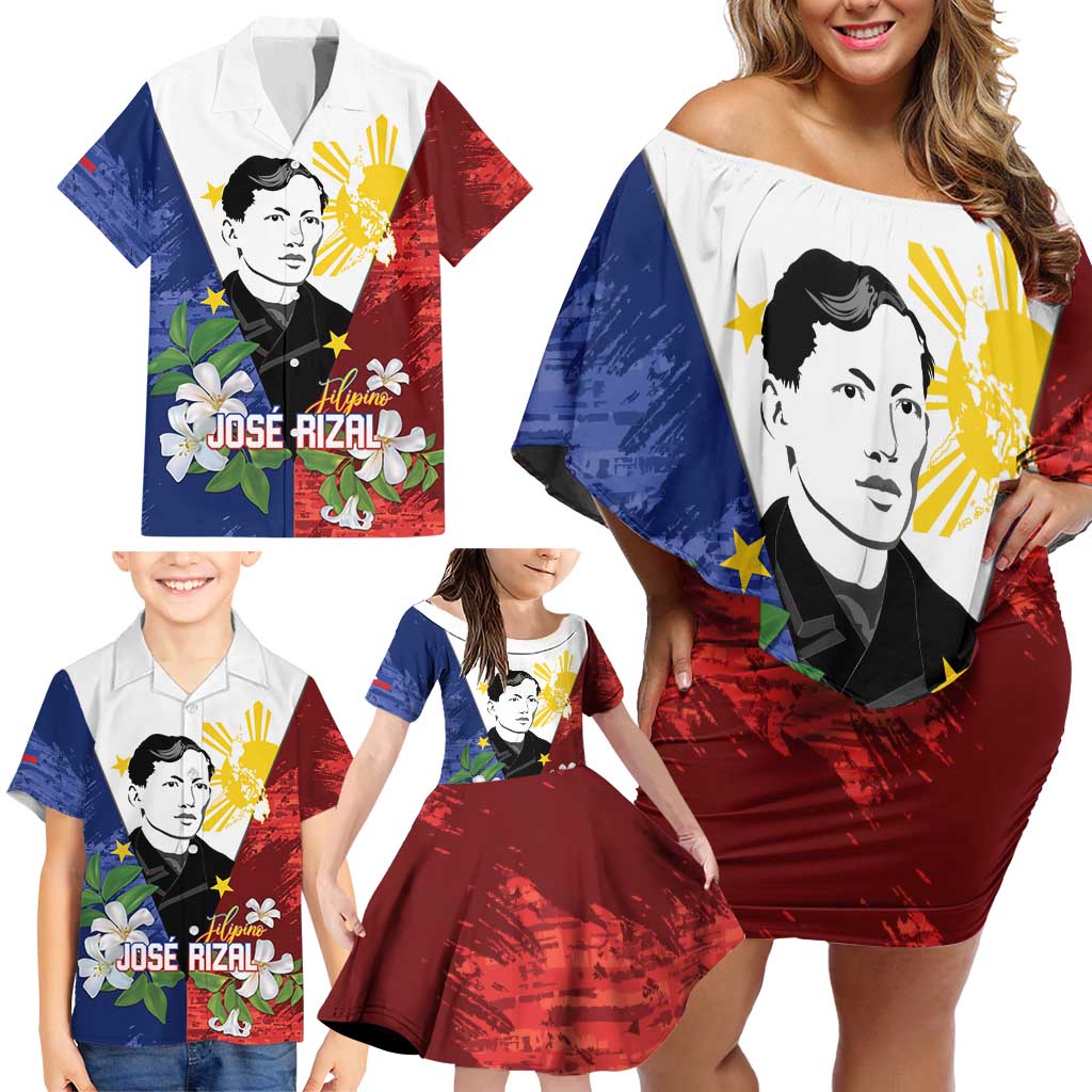 Philippines Rizal Day Family Matching Off Shoulder Short Dress and Hawaiian Shirt Filipino Sampaguita Grunge Style - Wonder Print Shop
