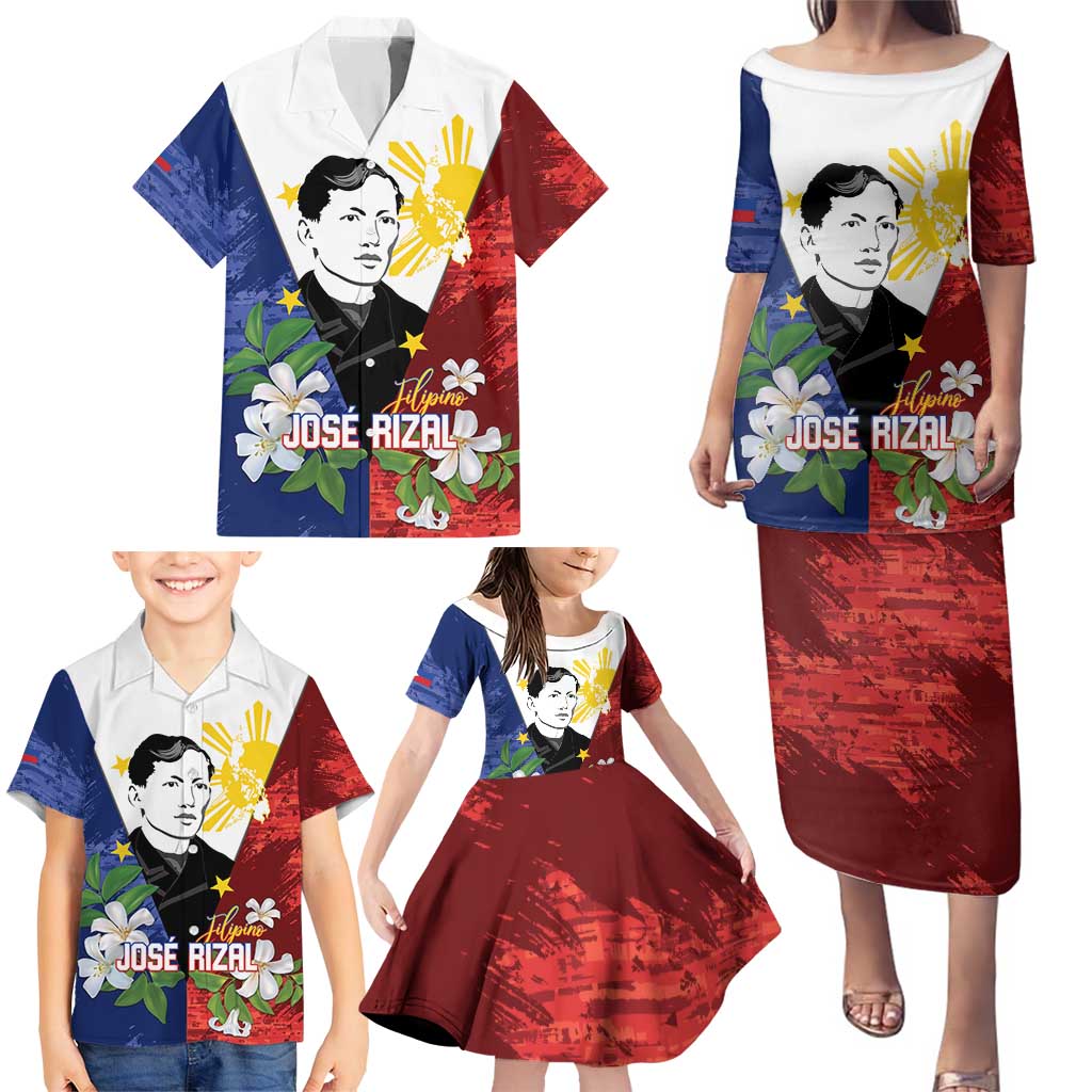 Philippines Rizal Day Family Matching Puletasi and Hawaiian Shirt Filipino Sampaguita Grunge Style - Wonder Print Shop