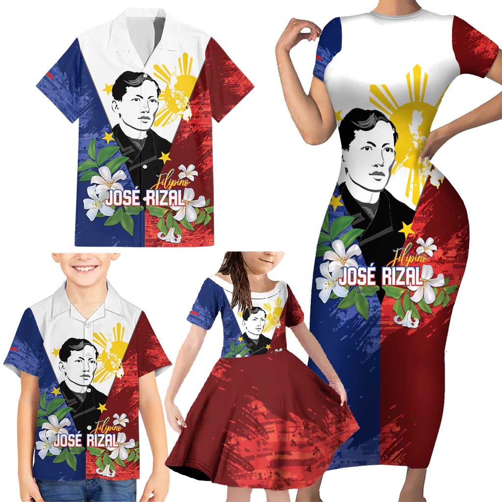 Philippines Rizal Day Family Matching Short Sleeve Bodycon Dress and Hawaiian Shirt Filipino Sampaguita Grunge Style - Wonder Print Shop