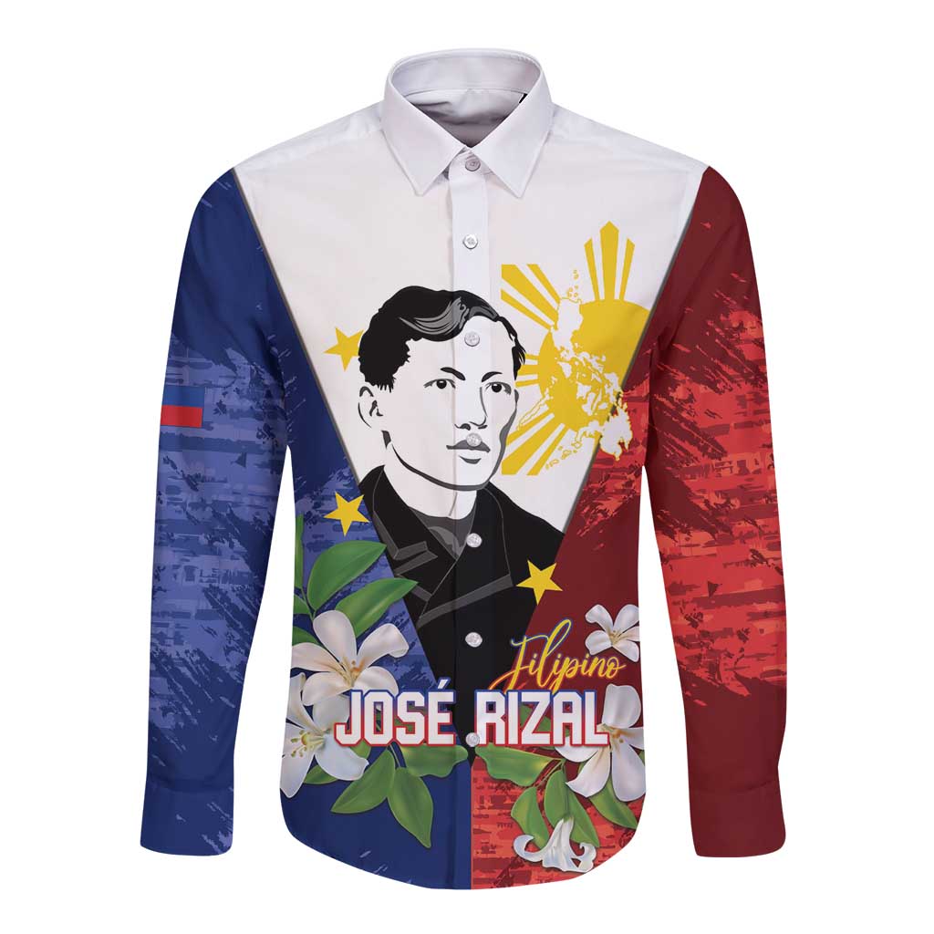 Philippines Rizal Day Long Sleeve Button Shirt Filipino Sampaguita Grunge Style - Wonder Print Shop