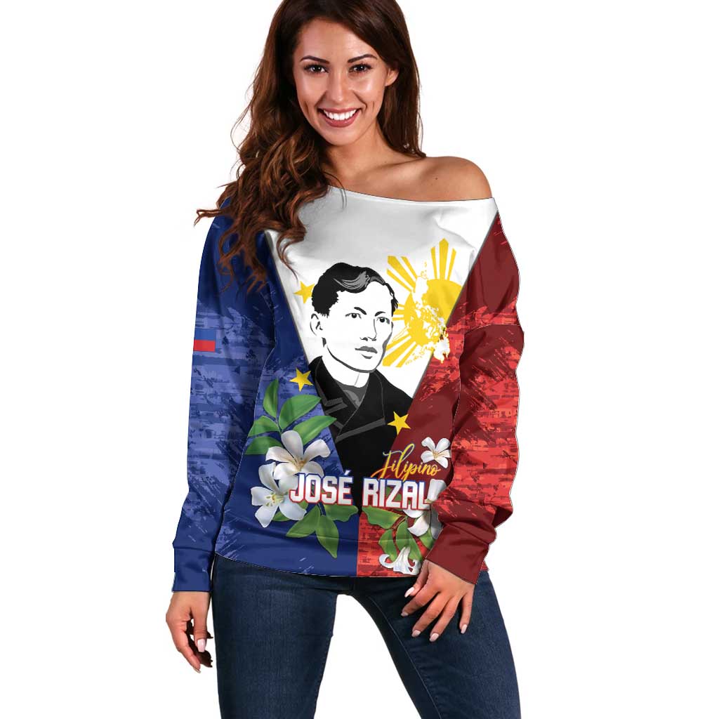 Philippines Rizal Day Off Shoulder Sweater Filipino Sampaguita Grunge Style - Wonder Print Shop