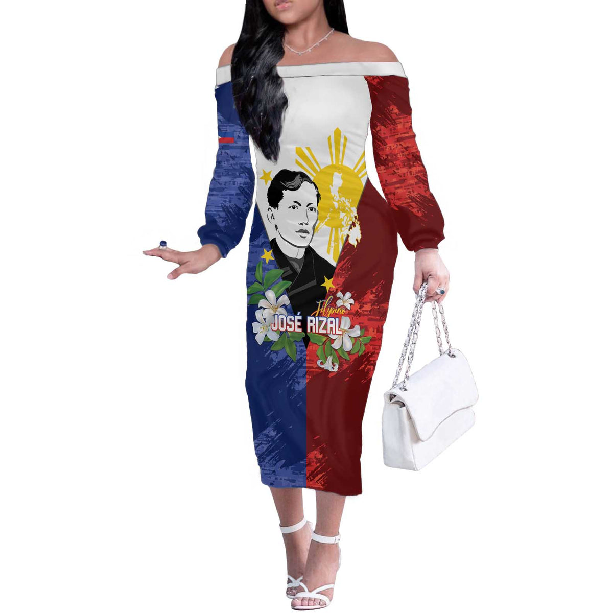 Philippines Rizal Day Off The Shoulder Long Sleeve Dress Filipino Sampaguita Grunge Style - Wonder Print Shop