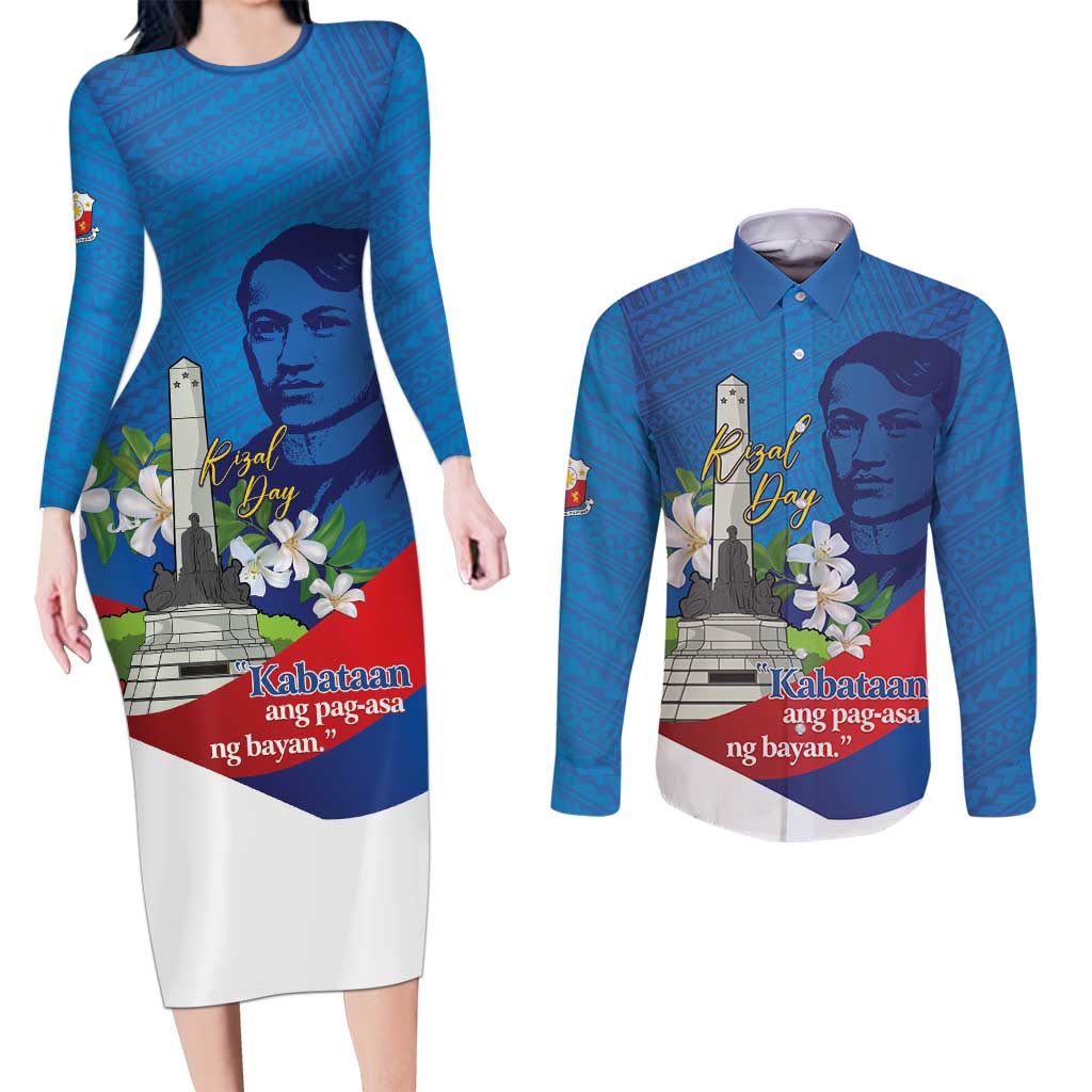 Philippines Rizal Day Couples Matching Long Sleeve Bodycon Dress and Long Sleeve Button Shirt Filipino Motto Stella Polynesian Pattern - Wonder Print Shop