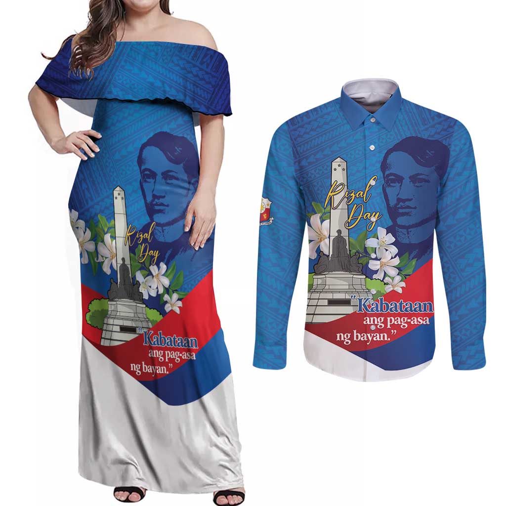 Philippines Rizal Day Couples Matching Off Shoulder Maxi Dress and Long Sleeve Button Shirt Filipino Motto Stella Polynesian Pattern - Wonder Print Shop