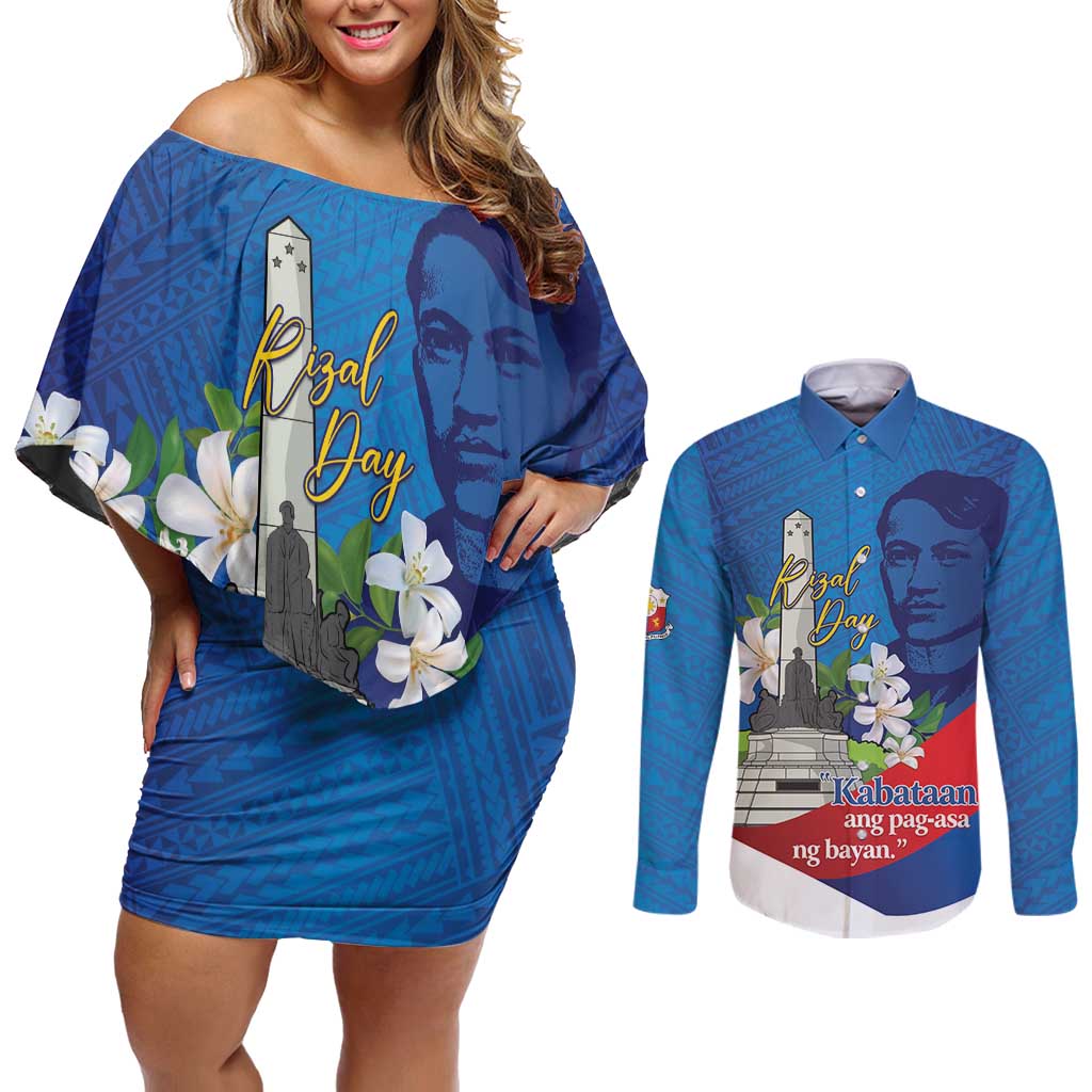 Philippines Rizal Day Couples Matching Off Shoulder Short Dress and Long Sleeve Button Shirt Filipino Motto Stella Polynesian Pattern - Wonder Print Shop