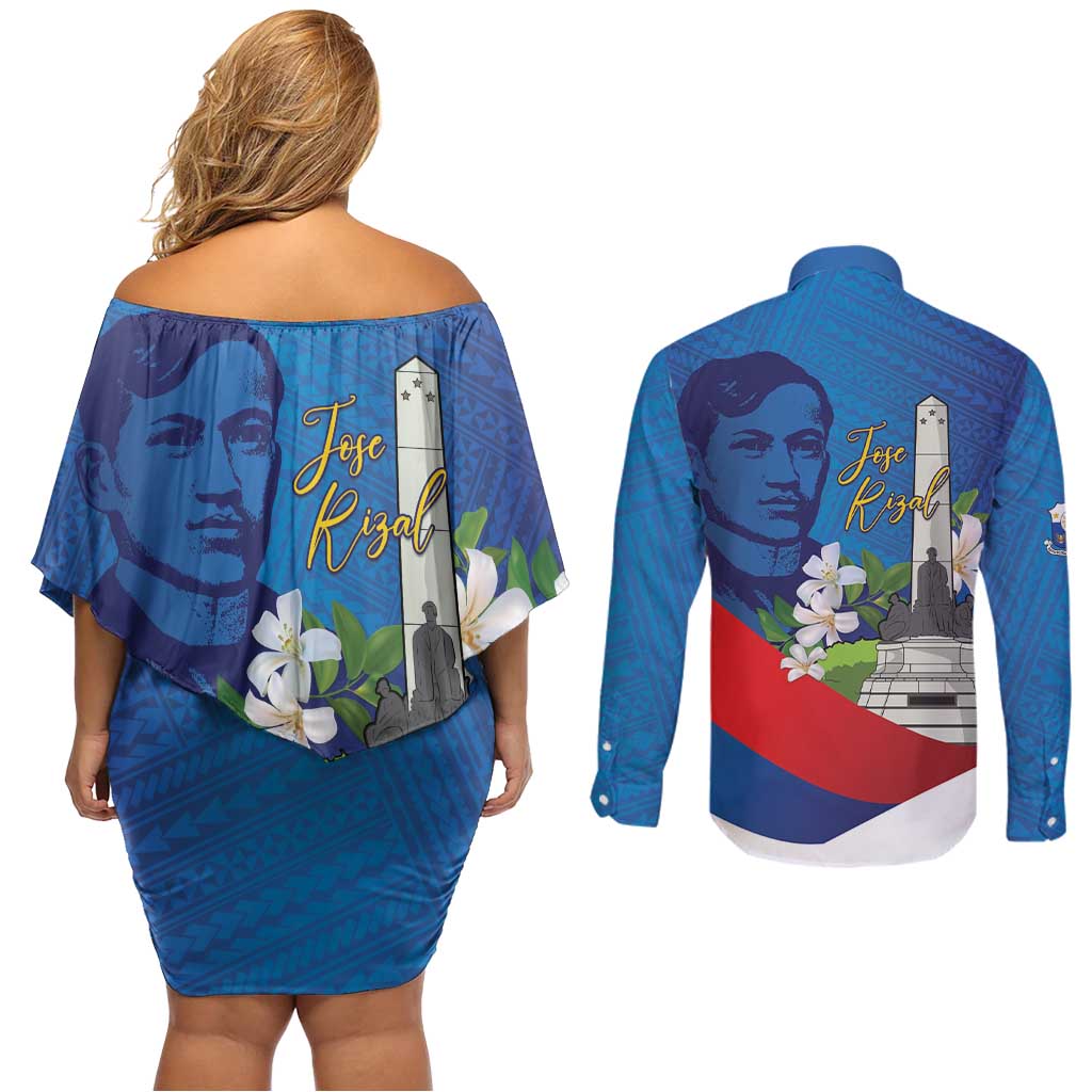 Philippines Rizal Day Couples Matching Off Shoulder Short Dress and Long Sleeve Button Shirt Filipino Motto Stella Polynesian Pattern - Wonder Print Shop