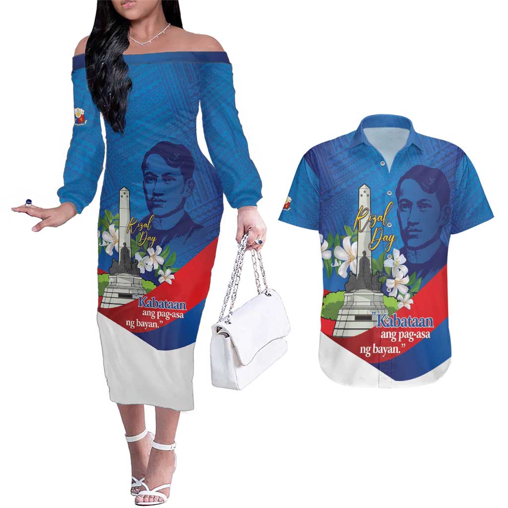 Philippines Rizal Day Couples Matching Off The Shoulder Long Sleeve Dress and Hawaiian Shirt Filipino Motto Stella Polynesian Pattern - Wonder Print Shop