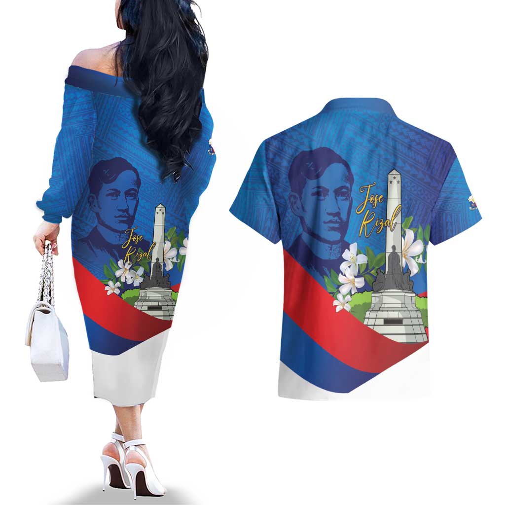 Philippines Rizal Day Couples Matching Off The Shoulder Long Sleeve Dress and Hawaiian Shirt Filipino Motto Stella Polynesian Pattern - Wonder Print Shop