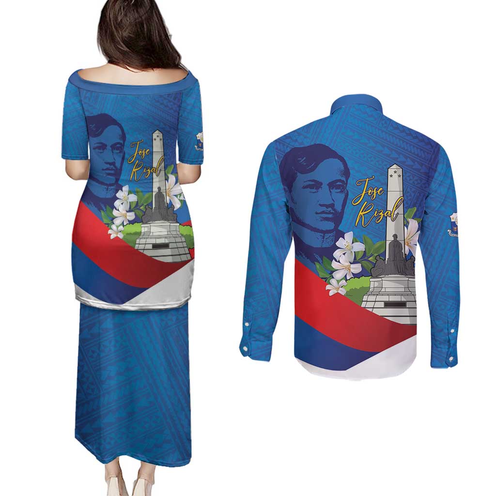 Philippines Rizal Day Couples Matching Puletasi and Long Sleeve Button Shirt Filipino Motto Stella Polynesian Pattern - Wonder Print Shop