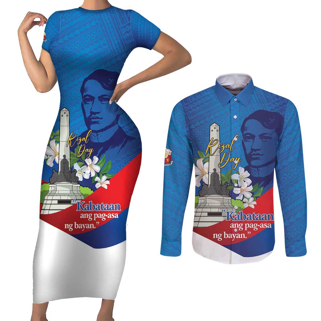 Philippines Rizal Day Couples Matching Short Sleeve Bodycon Dress and Long Sleeve Button Shirt Filipino Motto Stella Polynesian Pattern - Wonder Print Shop