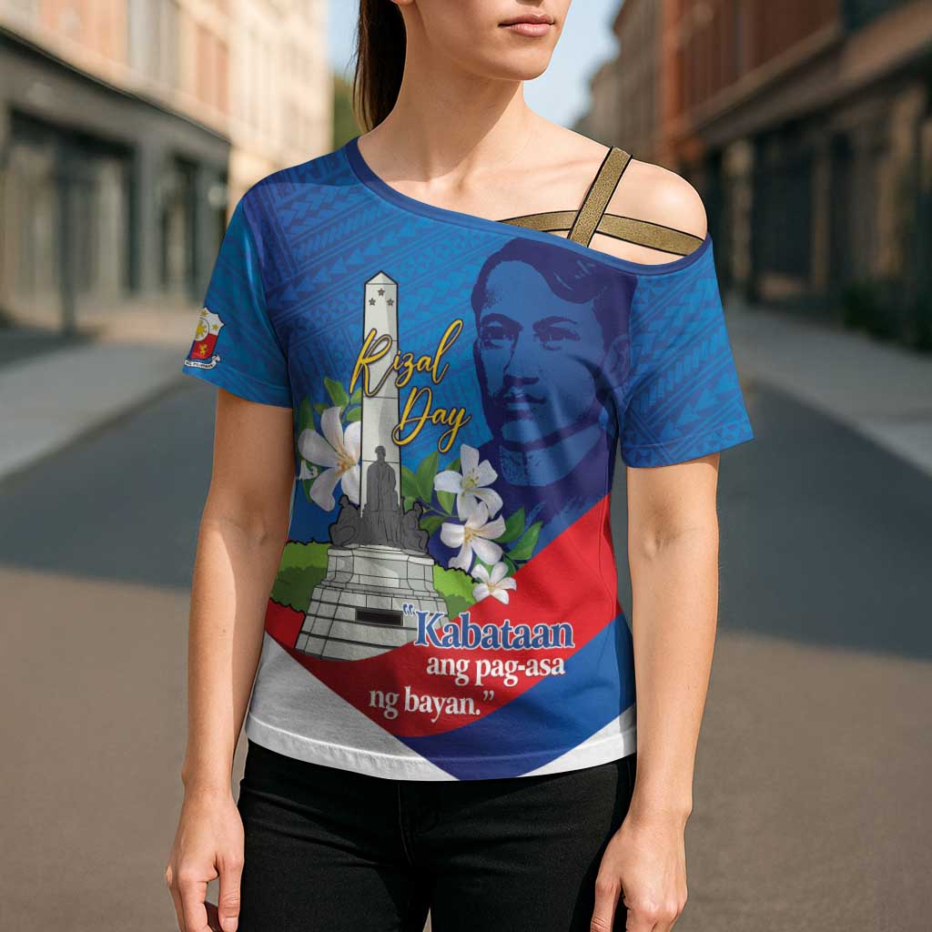 Philippines Rizal Day Cross Shoulder Shirt Filipino Motto Stella Polynesian Pattern - Wonder Print Shop