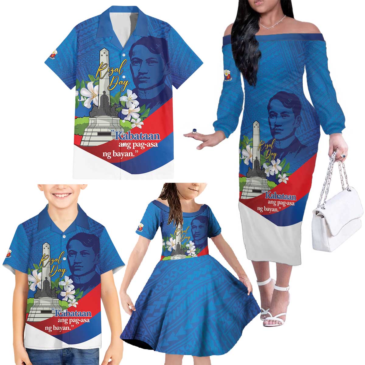 Philippines Rizal Day Family Matching Off The Shoulder Long Sleeve Dress and Hawaiian Shirt Filipino Motto Stella Polynesian Pattern - Wonder Print Shop