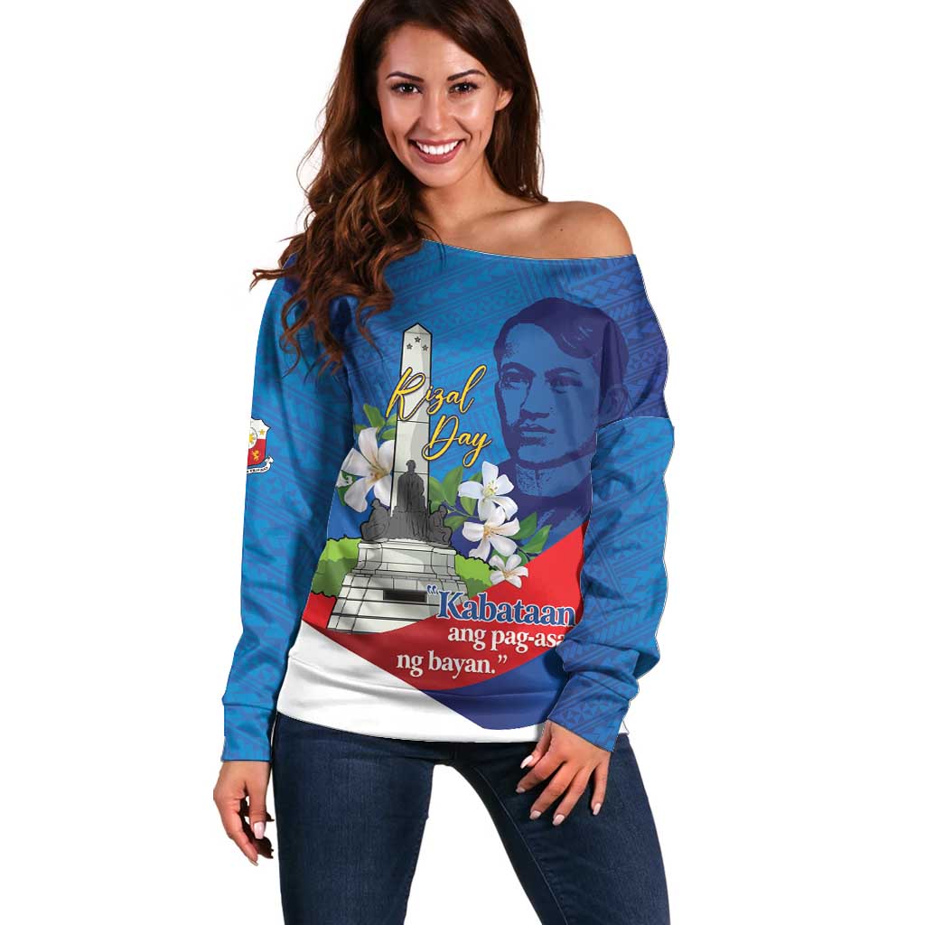 Philippines Rizal Day Off Shoulder Sweater Filipino Motto Stella Polynesian Pattern - Wonder Print Shop