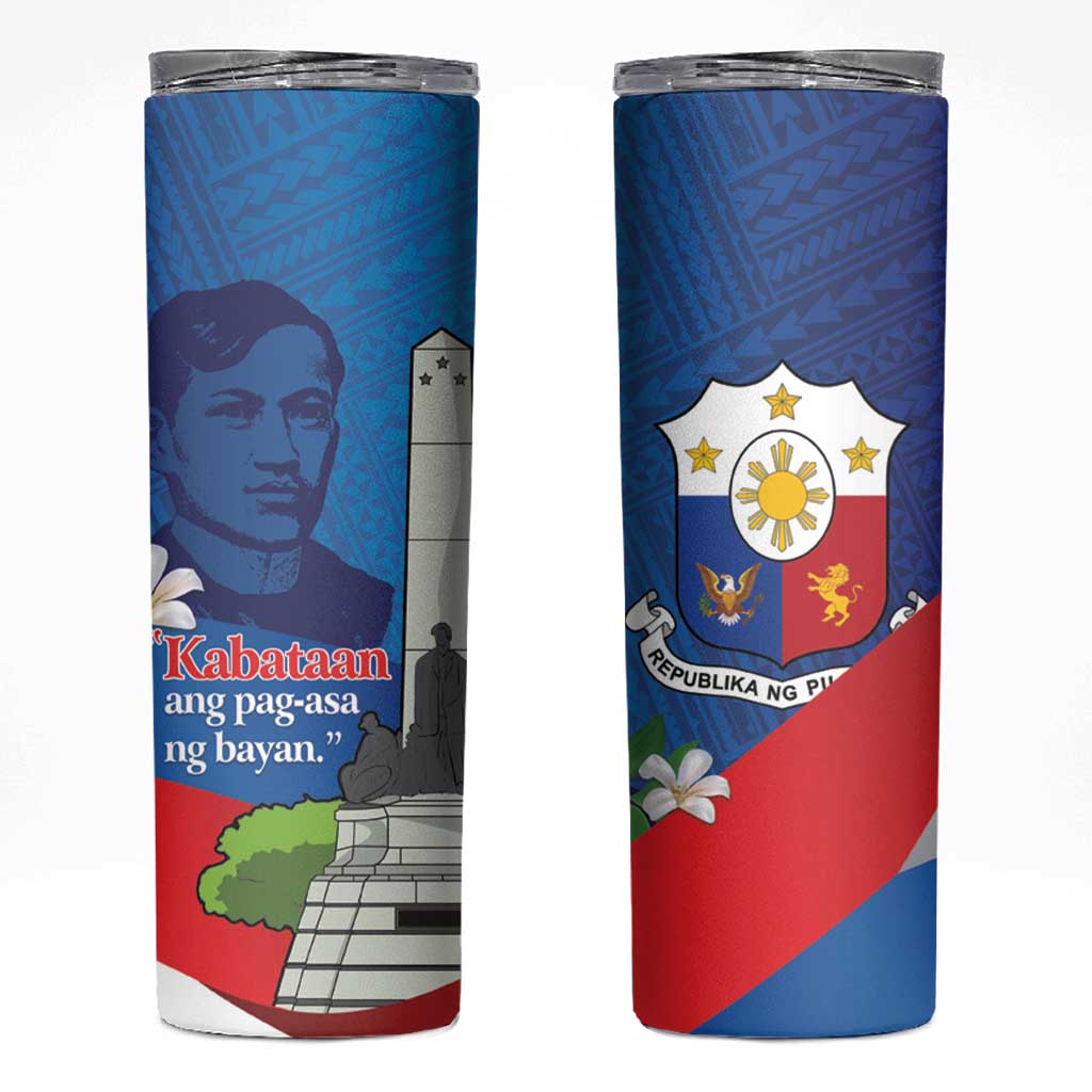 Philippines Rizal Day Skinny Tumbler Filipino Motto Stella Polynesian Pattern - Wonder Print Shop