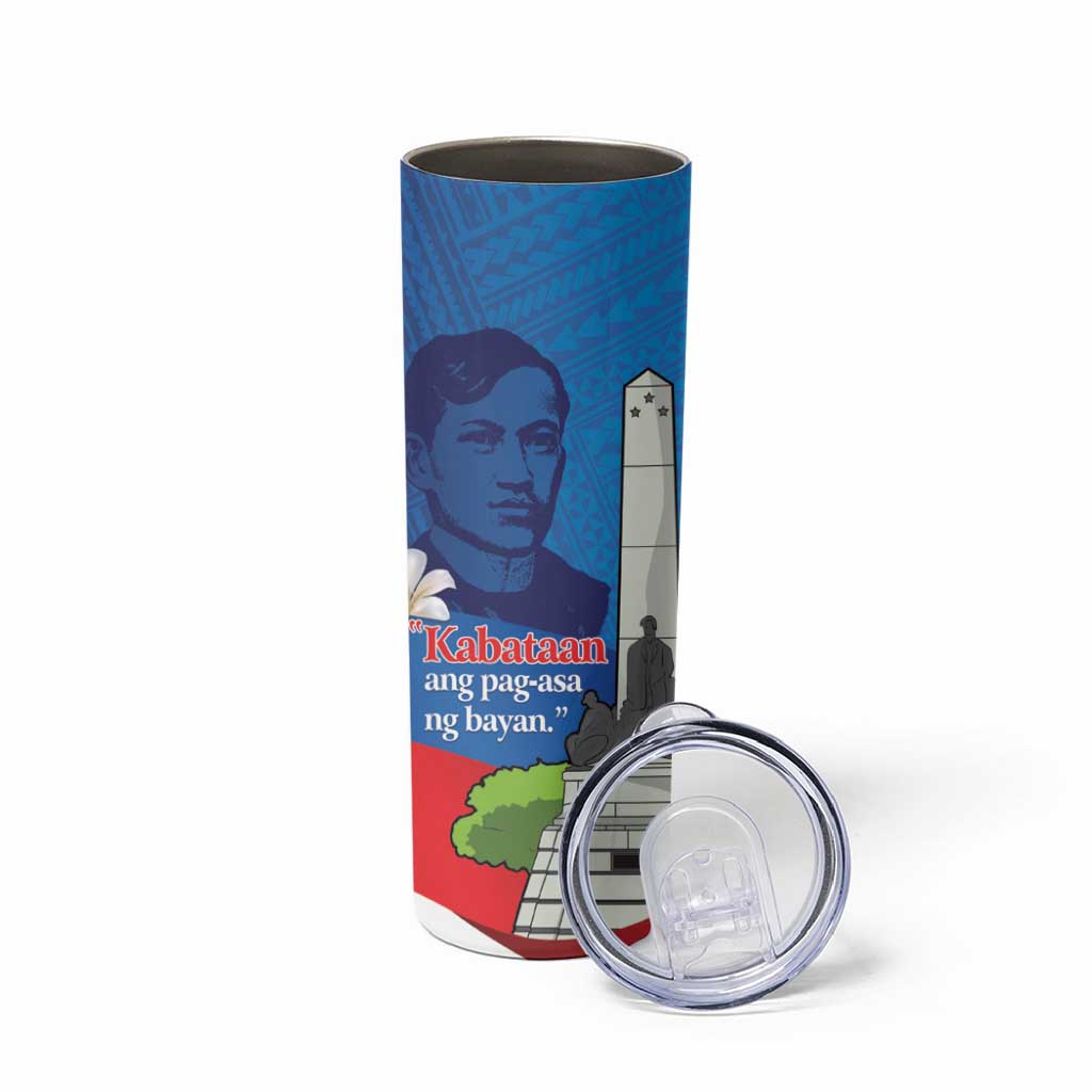 Philippines Rizal Day Skinny Tumbler Filipino Motto Stella Polynesian Pattern - Wonder Print Shop