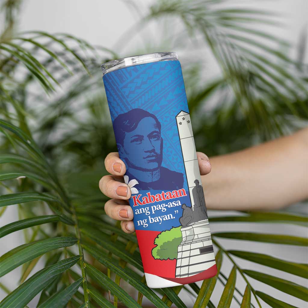 Philippines Rizal Day Skinny Tumbler Filipino Motto Stella Polynesian Pattern - Wonder Print Shop