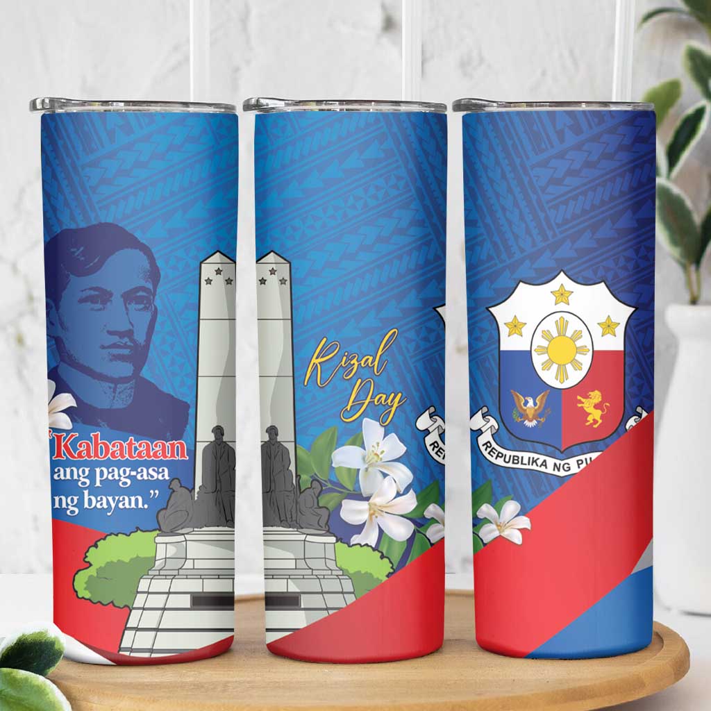 Philippines Rizal Day Skinny Tumbler Filipino Motto Stella Polynesian Pattern - Wonder Print Shop